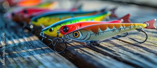 Minnow spinning lures on wooden surface. photo