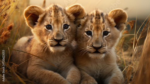 two cute  wild lion cubs close together in an wildlife safari outdoor meadow created with Generative AI Technology © AstraNova