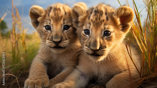 two cute wild lion cubs sitting close together in an wildlife safari outdoor meadow