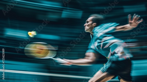 Dynamic action shot of female badminton player in motion on court with blurred movement. Concept of agility, competition, and high-speed sports
