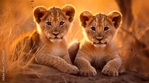 two cute  wild lion cubs close together in an wildlife safari outdoor meadow created with Generative AI Technology photo