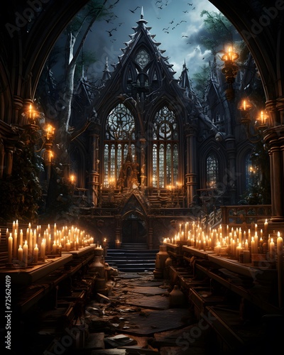 3D Illustration of a Gothic Church Interior with Burning Candles