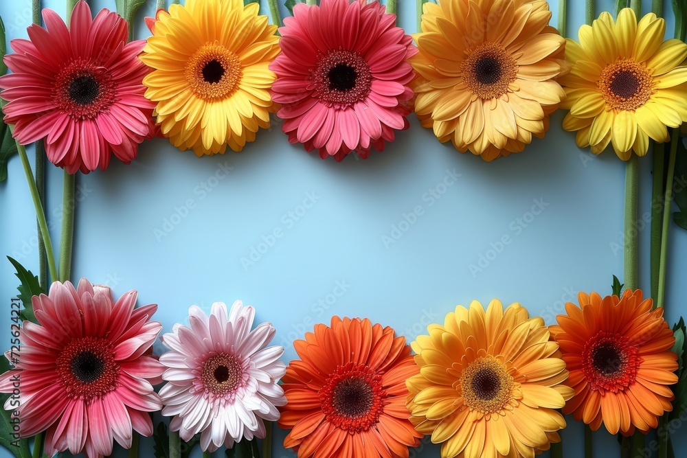 A vibrant group of gerbera flowers, showcasing a variety of colors, against a vivid blue background. A vibrant group of gerbera flowers, showcasing a variety of colors, against a vivid blue background.