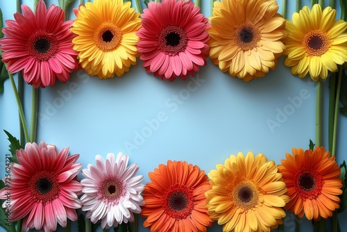 A vibrant group of gerbera flowers  showcasing a variety of colors  against a vivid blue background.