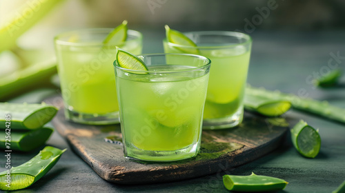 Detoxifying Aloe Vera Juice in Small Glasses on a Blurry Background