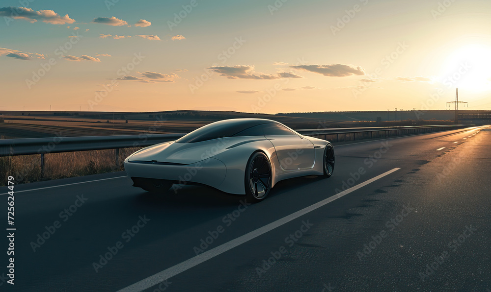 Futuristic electric sports car facing towards sustainable city during golden hour
