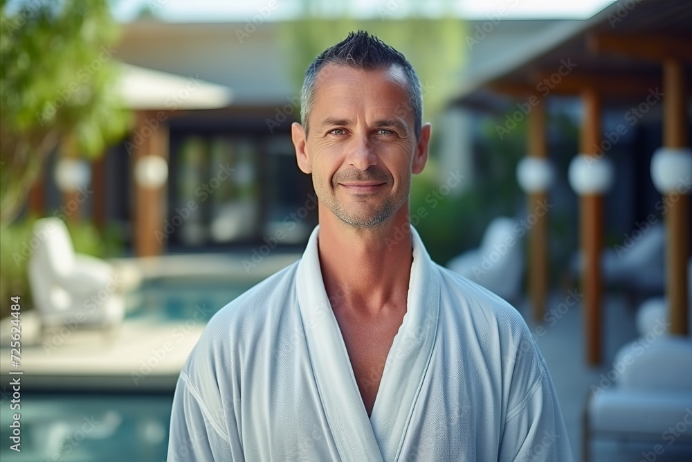 Portrait of a handsome man in bathrobe standing in front of swimming pool Portrait of a handsome man in bathrobe standing in front of swimming pool