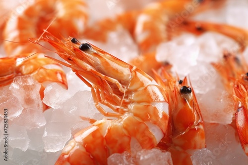 Boiled-frozen shrimp in pieces of ice close-up. Raw shrimp, crustaceans on the store counter. Healthy food, seafood delicacies