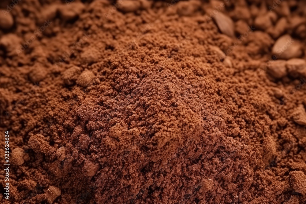 Texture of ground coffee. Coffee background. Roasted ground coffee and beans close-up top view. Ingredient for making cappuccino, latte, americano, espresso