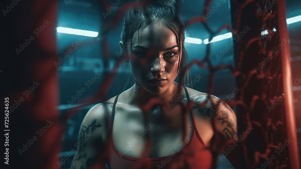 Female MMA boxing athlete in the ring with a cage Female MMA boxing athlete in the ring with a cage