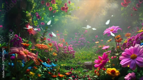 Enchanted Forest.Colorful Flower Plants, Sunlight, and Animated Butterflies - 4K Motion Graphic Looping Video Background, Wallpaper, and Backdrop