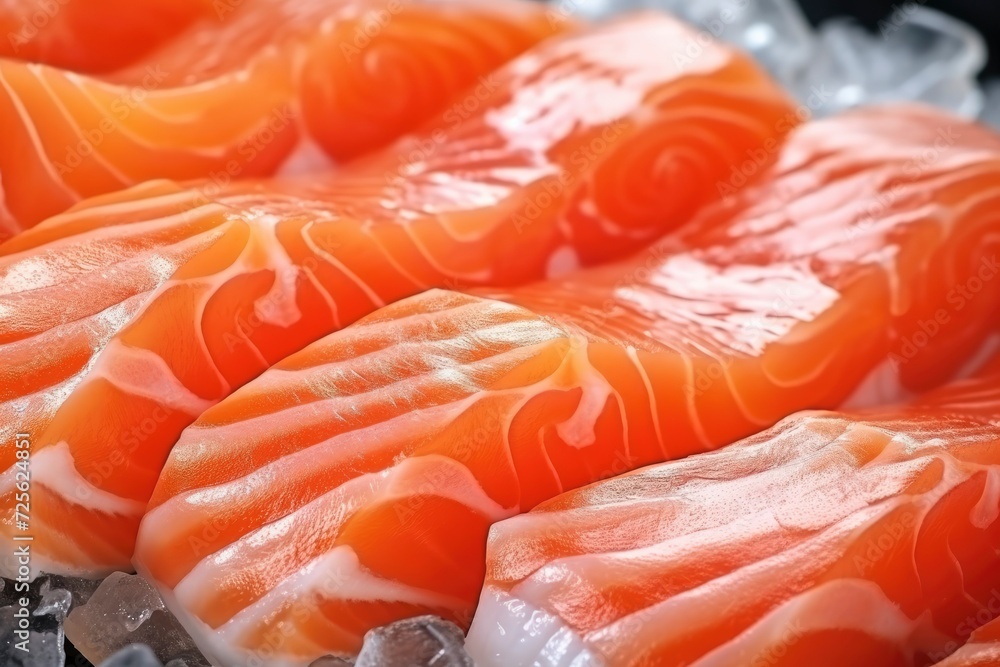 Fresh pieces of red fish fillet, salmon, trout lie on pieces of ice on store counter or market, top view. Sea fish, healthy food, source of omega 3. Fish for cooking Fresh pieces of red fish fillet, salmon, trout lie on pieces of ice on store counter or market, top view. Sea fish, healthy food, source of omega 3. Fish for cooking