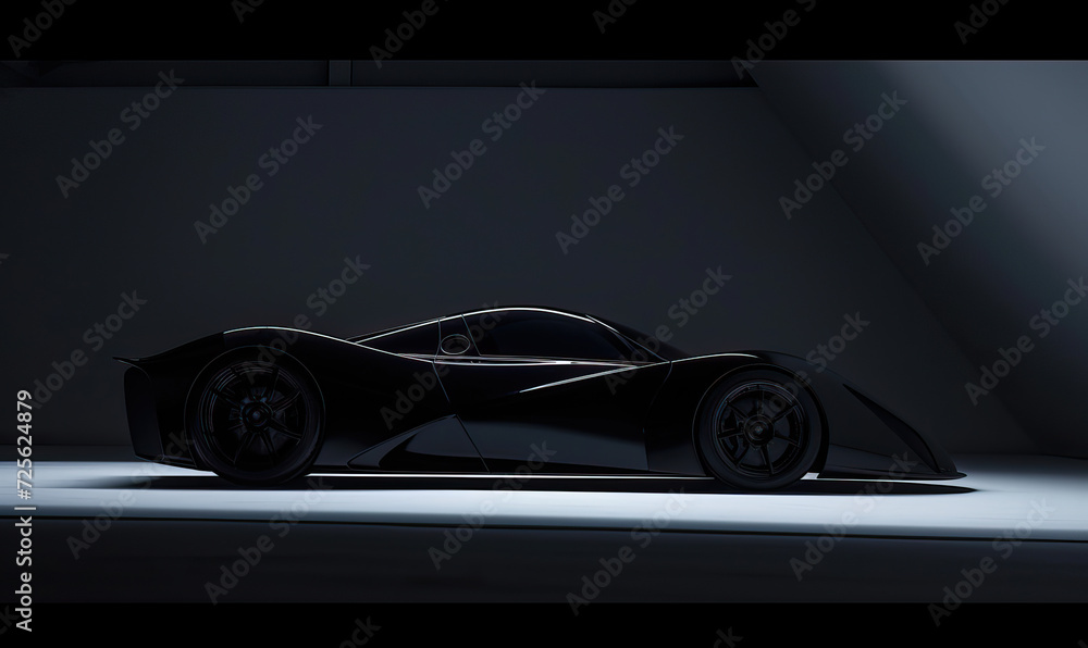 Studio shot, futuristic smooth electric hypercar, supercar, sports car, inside sustainable eco home at night under moonlight. High-end shot, shadow play