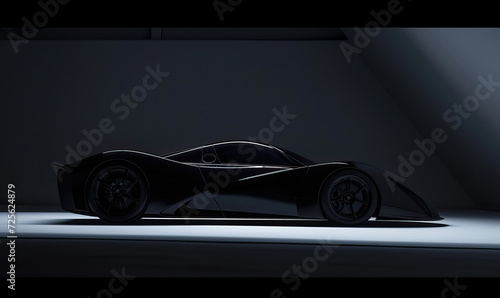Studio shot  futuristic smooth electric hypercar  supercar  sports car  inside sustainable eco home at night under moonlight. High-end shot  shadow play