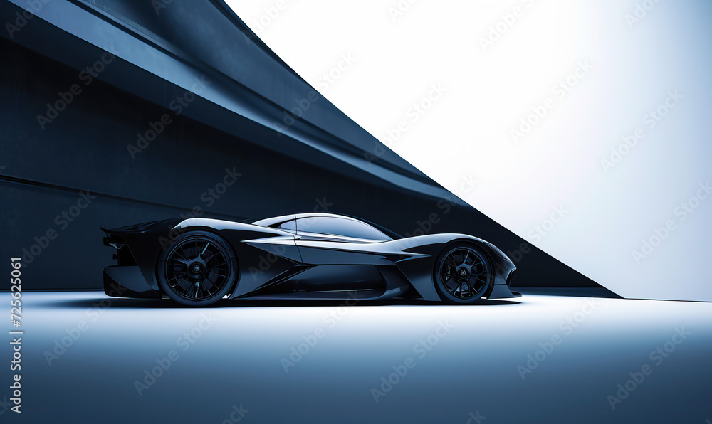 Studio photography, futuristic smooth flowing hyperbolic paraboloid electric black hypercar, supercar, sports car, inside. High-end shot, afternoon, sunny, clear sky, juxtaposition of light and shadow