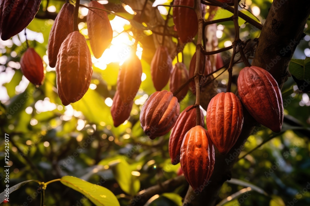 Red Orange Cocoa Pods On A Tree In The Rays Of The Setting Sun Close Up 1000 F 725625077 GQtDgt1Ha1qcEAzRSPZcYVrKaEySrLVc