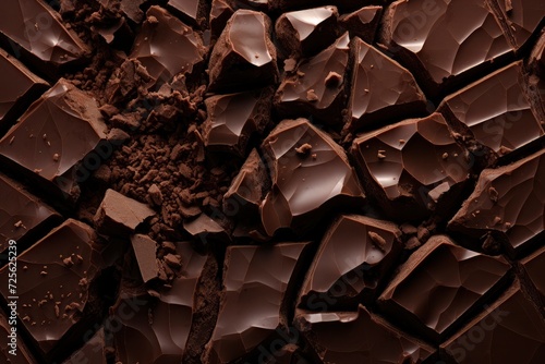 Texture of broken chocolate. Chocolate background. A bar of dark or milk chocolate is broken into pieces. Sweet food, dessert, cocoa