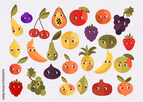 Cartoon fruit character set. Funny emoticon in flat style. Vector illustration.