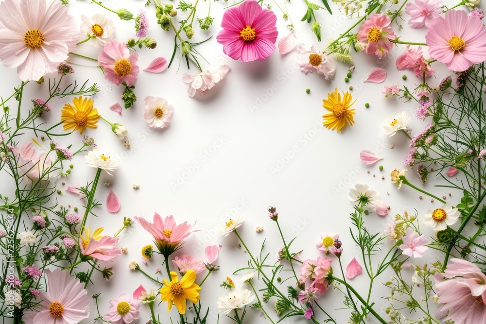 Red pink and yellow flowers against a plain white background. Colorful floral card template Red pink and yellow flowers against a plain white background. Colorful floral card template