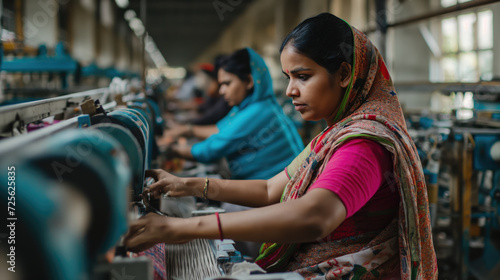 Confident Indian Female Coworkers Operating Machinery in Textile Factory