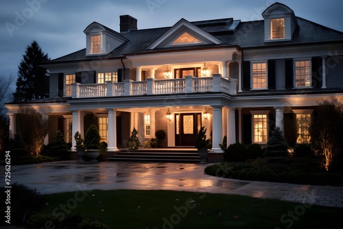 Luxury house at night with a beautiful landscaped garden. © Michelle