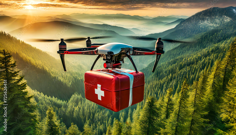 Closeup of a drone with a red first aid kit flying over a mountain landscape with green forest, small lake and valley at sunset or sunrise. Mountain rescue concept. Generative Ai. - obrazy, fototapety, plakaty 