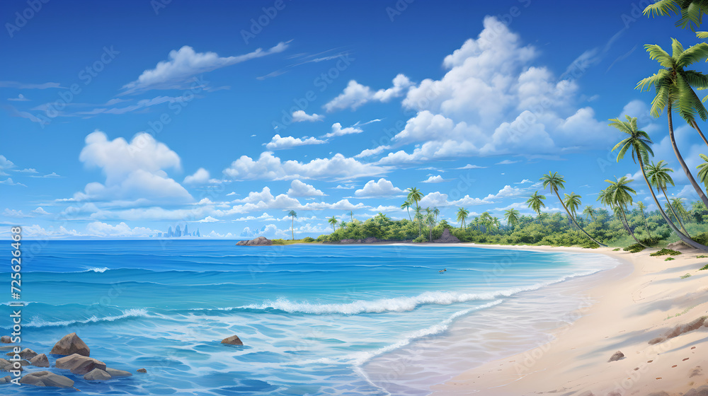 The stretch of beach on an island with palm trees. The sky is blue with white clouds meeting the calm blue sea , rocks on the side of the beach , tropical beach panorama