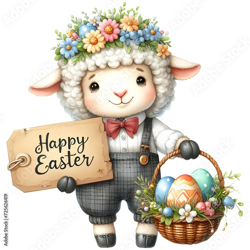 Sheep cartoon showing sign Happy Easter with basket of easter eggs photo