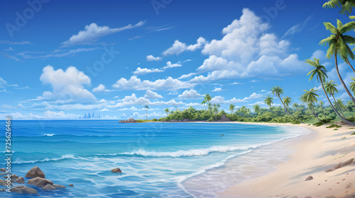 The stretch of beach on an island with palm trees. The sky is blue with white clouds meeting the calm blue sea , rocks on the side of the beach , tropical beach panorama © YOUCEF