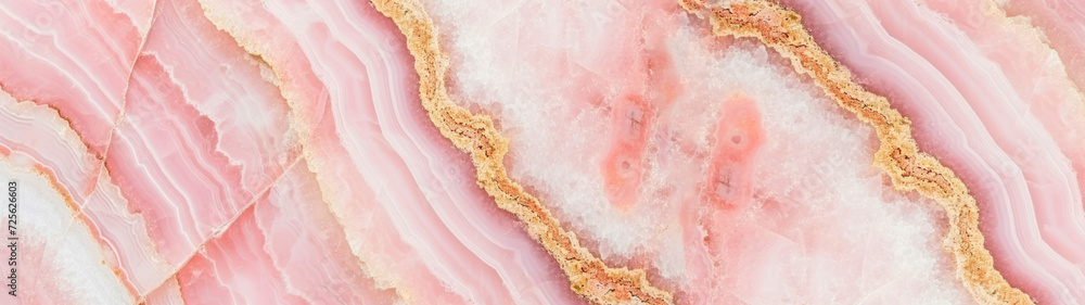 Fototapeta premium Closeup of polished abstract blue pink agate crystal natural quartz healing stone texture background banner long panorama