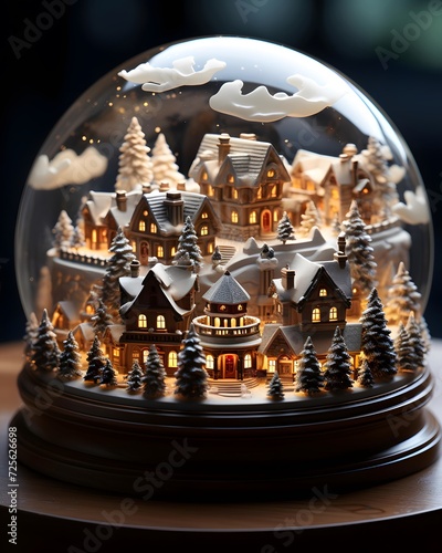 Snow globe with houses, trees and snowflakes. Christmas decoration. © Michelle