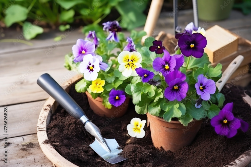 Spring gardening, transplanting spring flowers from a pot into the ground, close up Spring gardening, transplanting spring flowers from a pot into the ground, close up