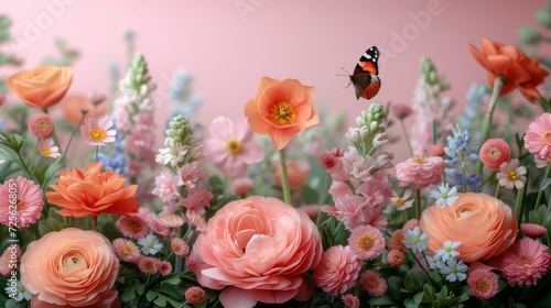 A vibrant bunch of various flowers in full bloom with a butterfly delicately fluttering above them.