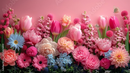 A vibrant assortment of flowers arranged on a pink wall  creating a lively and eye-catching display.