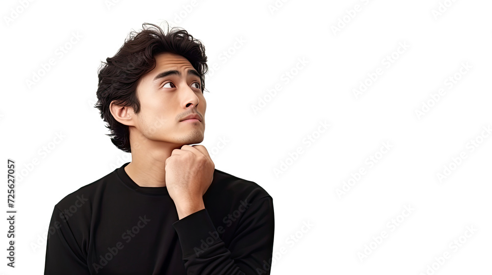 Caucasian man looking side in thinking pose on white background with empty space