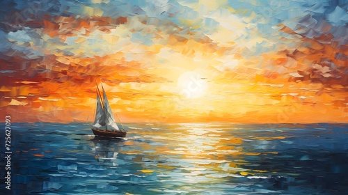 Impressionist seascape painting with boat and sun rays on canvas texture. Colorful abstract modern art for background.