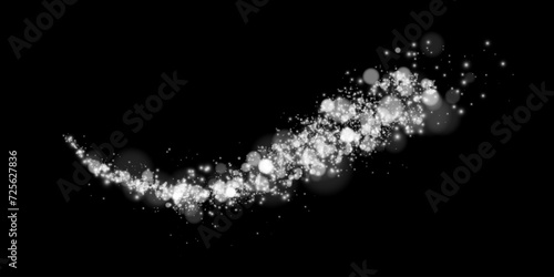 Bokeh, dust sparks and white stars glow with special light. Vector sparks on black background. Christmas light effect. Sparkling magic dust particles.	