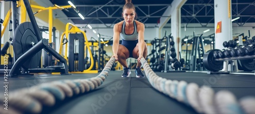 Fit young woman doing battle rope exercise in gym with copy space for text placement