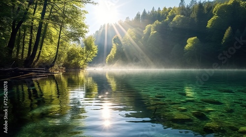 Beautiful morning in Plitvice National Park. Colorful spring landscape of green forest with pure water lake