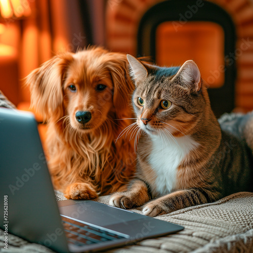 A cat and a dog do online shopping through a laptop