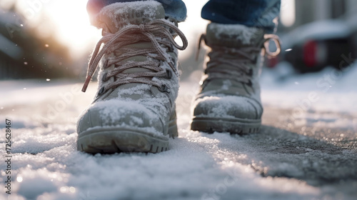  Close-up photo of winter boots on a snowy sidewalk