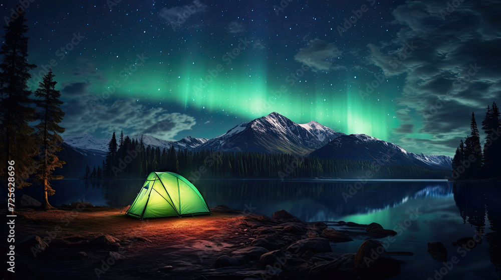 Camping tent near forest lake with clear night sky and Aurora borealis created with Generative AI Technology