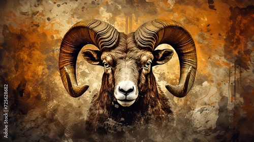 Aries  independent and passionate astrological sign with charging ram and sparks of vitality photo