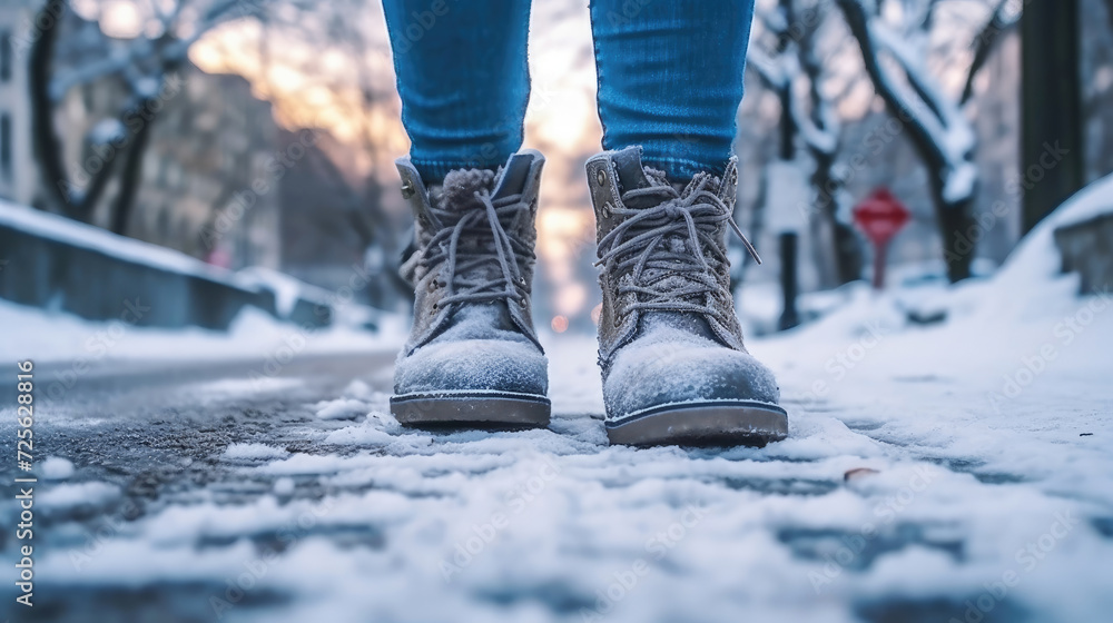 Close-up photo of winter boots on a snowy sidewalk Close-up photo of winter boots on a snowy sidewalk