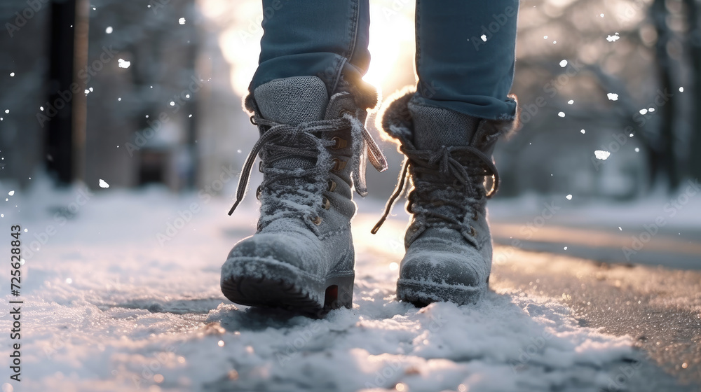 Close-up photo of winter boots on a snowy sidewalk Close-up photo of winter boots on a snowy sidewalk