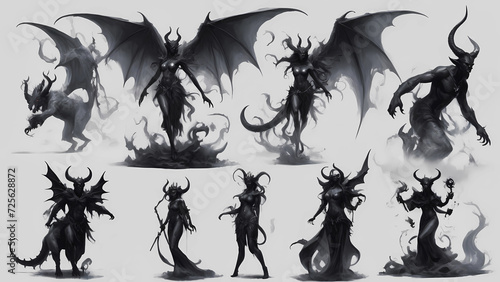 Set of various demons in the form of dark figures made of smoke isolated on white