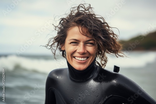 Portrait of happy young woman in wetsuit with wet hair on the beach © Nerea
