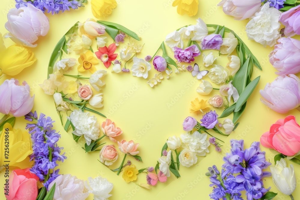 A heart-shaped arrangement of colorful flowers set against a vibrant yellow backdrop. A heart-shaped arrangement of colorful flowers set against a vibrant yellow backdrop.