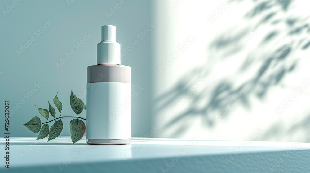 Blank white mockup of cosmetic spray and branch of green plant on white background. Concept of natural organic cosmetics. Blank white mockup of cosmetic spray and branch of green plant on white background. Concept of natural organic cosmetics.