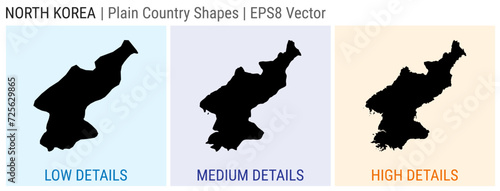 North Korea - plain country shape. Low, medium and high detailed maps of North Korea. EPS8 Vector illustration.